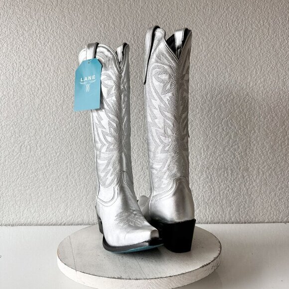 NEW Lane SMOKESHOW Womens Cowboy Boots 6 Silver Western Cowgirl Mid Calf Tall - Picture 1 of 11